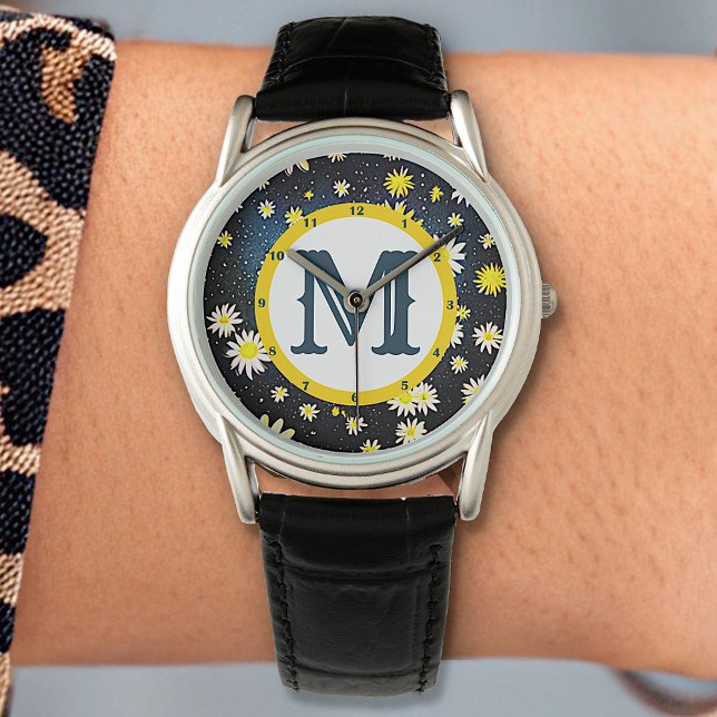 銀河系スカイデイジーフラワーズモノグラムレターダークブルー 腕時計 (クリエイターアップロード済み)