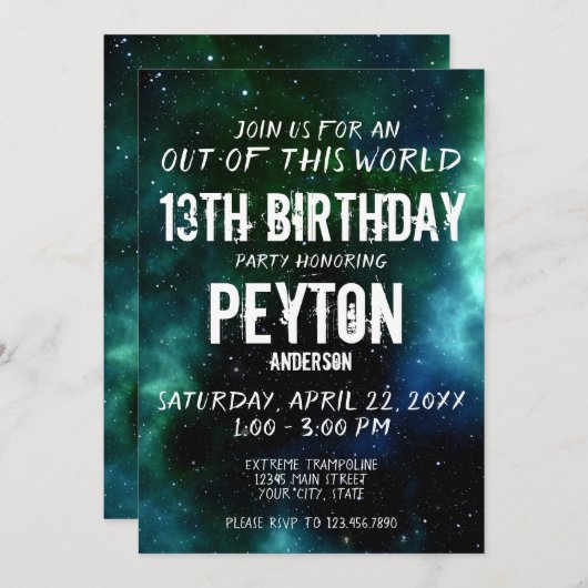 銀河系スターズバースデーパーティーグリーンブルー 招待状 (正面/裏面)