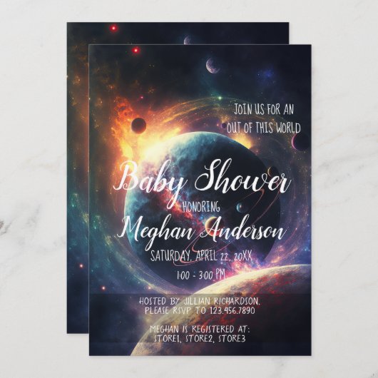 銀河系スターズムーンプラデッツ宇宙ベビーシャワー 招待状 (正面/裏面)