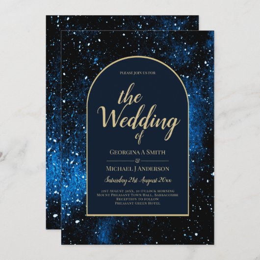 銀河系スターリーナイトネイビーブルー金ゴールド 招待状 (正面/裏面)