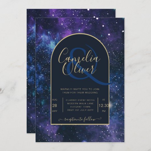 銀河系スターリーナイトネイビーブルー金ゴールド 招待状 (正面/裏面)