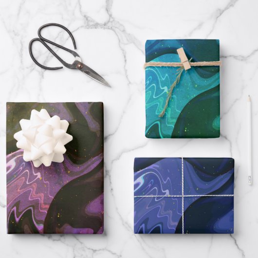 銀河系スワールブルーグリッター抽象芸術宇宙パターン ラッピングペーパーシート (正面)