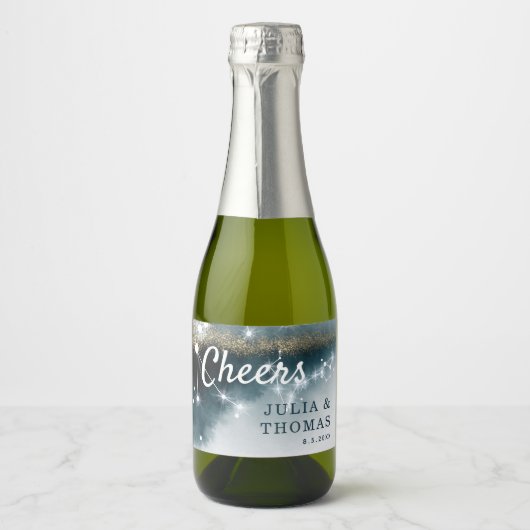 銀河系パーソナライズされたブルー金ゴールドスタ結婚ーズ スパークリングワインラベル (正面)