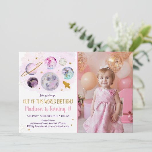 銀河系ピンクの金ゴールドこの世界の誕生日Invita 招待状 (スタンド正面)
