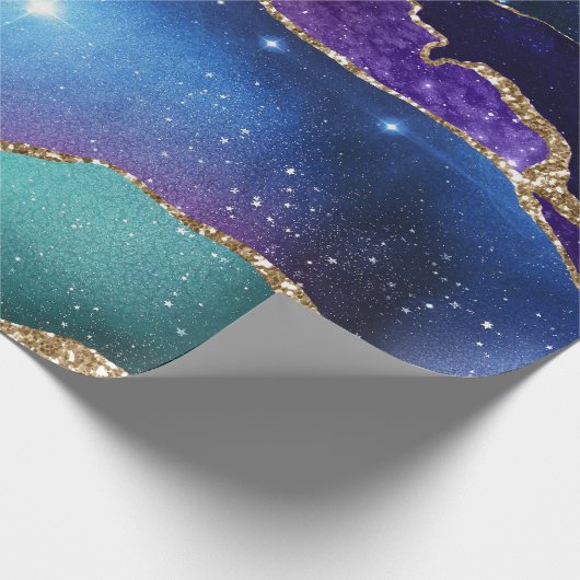 銀河系ピンクブルーパープルアガテフェイク金ゴールドグリッター ラッピングペーパー (角)
