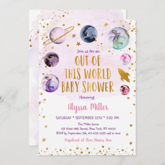 銀河系ピンク金ゴールドベビーシャワー 招待状 (正面/裏面)