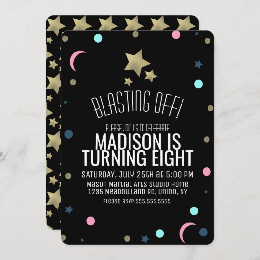 銀河系フェイク金ゴールドスター紙吹雪宇宙誕生日 招待状 (正面/裏面)