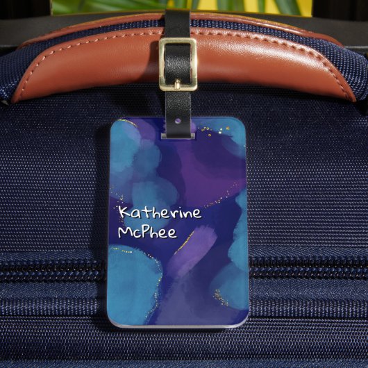 銀河系ブルーピンクパープル水彩グリッターブラシ ラゲッジタグ (正面インサイチュ2)