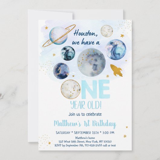 銀河系ブルー金ゴールドアウタースペース第1誕生日 招待状 (正面)