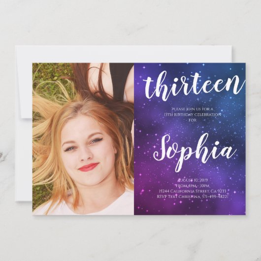 銀河系ユニバーススターズガールフォト誕生日 招待状 (正面)