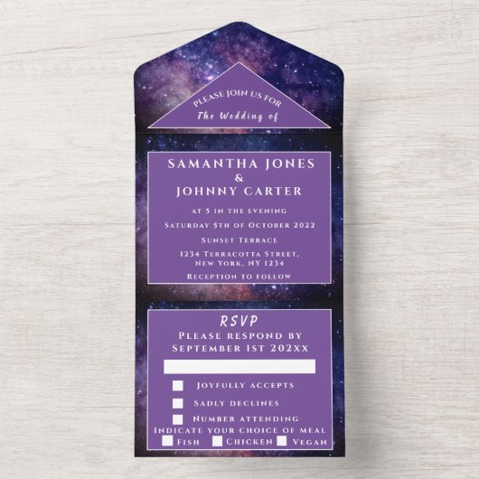 銀河系ユニバーススターズスカイ結婚の宇宙パープル オールインワン招待状 (内側)