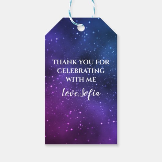 銀河系ユニバースパープルサンキューユキュ誕生日の好意 ギフトタグ (正面)