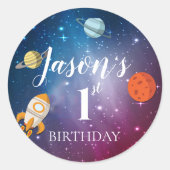 銀河系ロケットをテーマにしたキッズ1st誕生日パーティークラス ラウンドシール (正面)