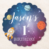 銀河系ロケットをテーマにしたキッズ1st誕生日パーティー ペーパーコースター (正面)
