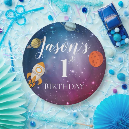 銀河系ロケットをテーマにしたキッズ1st誕生日パーティー ペーパープレート (パーティー)
