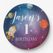銀河系ロケットをテーマにしたキッズ1st誕生日パーティー ペーパープレート (正面)