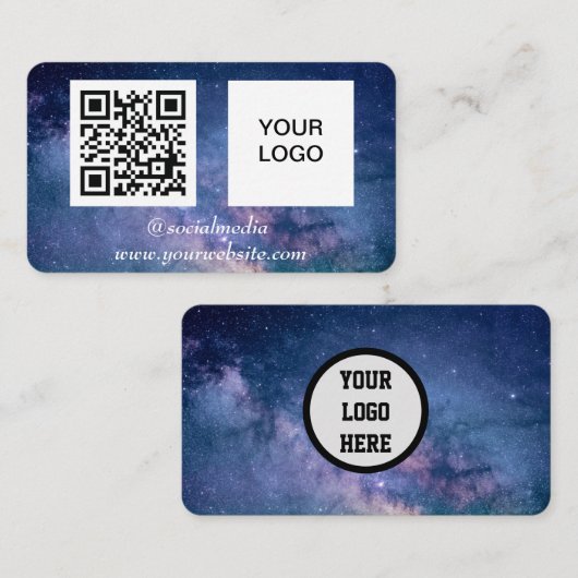 銀河系宇宙ソーシャルメディアQRコードネイビーブルーモダン 名刺 (正面/裏面)
