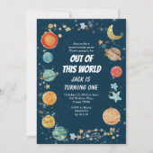 銀河系宇宙パーティープラネット誕生日ネイビーブルー 招待状 (正面)
