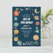 銀河系宇宙パーティープラネット誕生日ネイビーブルー 招待状 (スタンド正面)