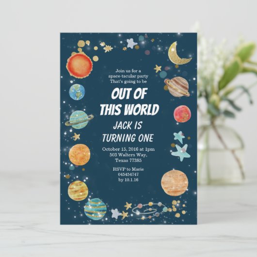 銀河系宇宙パーティープラネット誕生日ネイビーブルー 招待状 (スタンド正面)