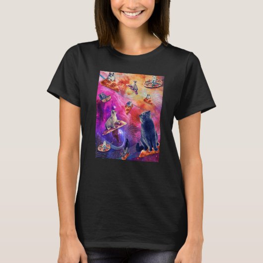 銀河系宇宙ピザ猫ネコ宇宙食べピザ Tシャツ (正面)