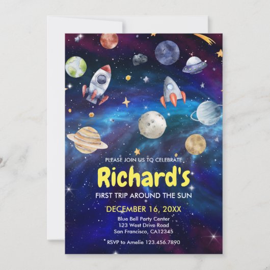 銀河系宇宙ファーストのまわりにトリップザサン誕生日 招待状 (正面)