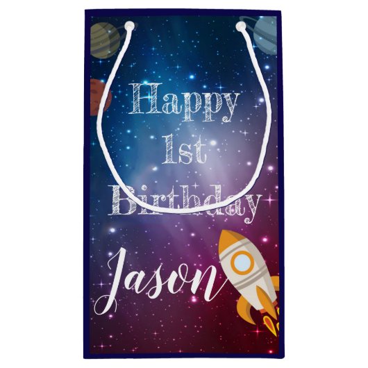 銀河系宇宙ベビー名1stバースデーパーティーのお気に入り スモールペーパーバッグ (裏面)