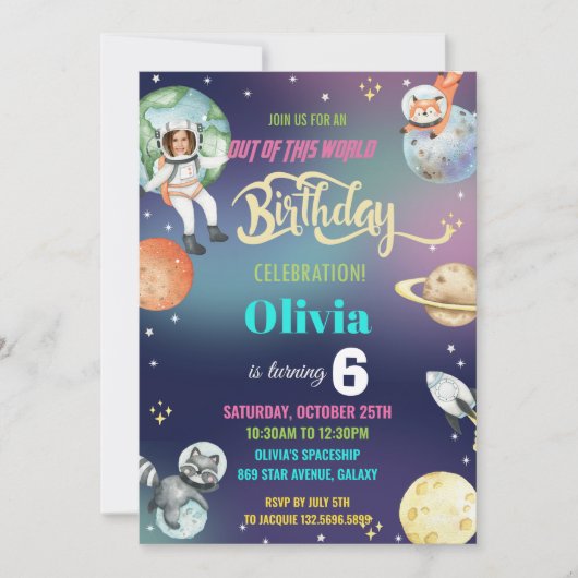 銀河系宇宙宇宙飛行士惑星ガール誕生日写真 招待状 (正面)