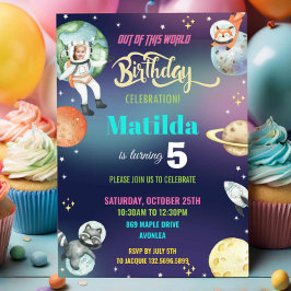 銀河系宇宙宇宙飛行士惑星ガール誕生日写真 招待状