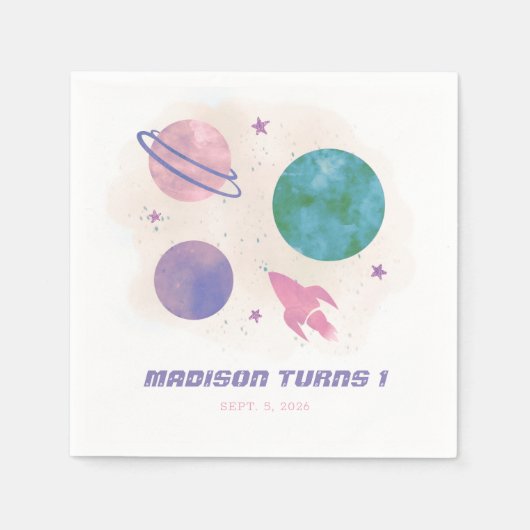 銀河系宇宙水彩惑星ガール1st誕生日 スタンダードカクテルナプキン (正面)