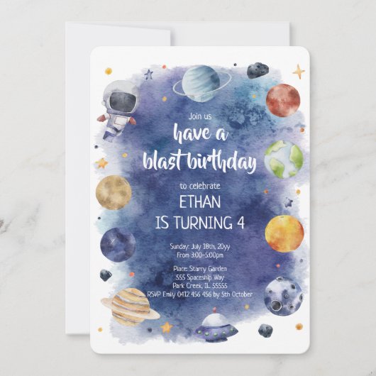 銀河系惑星パーソナライズ子供の誕生日パーティー 招待状 (正面)