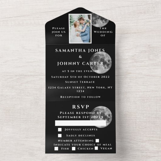 銀河系星空の夜の宇宙結婚写真の月 オールインワン招待状 (内側)