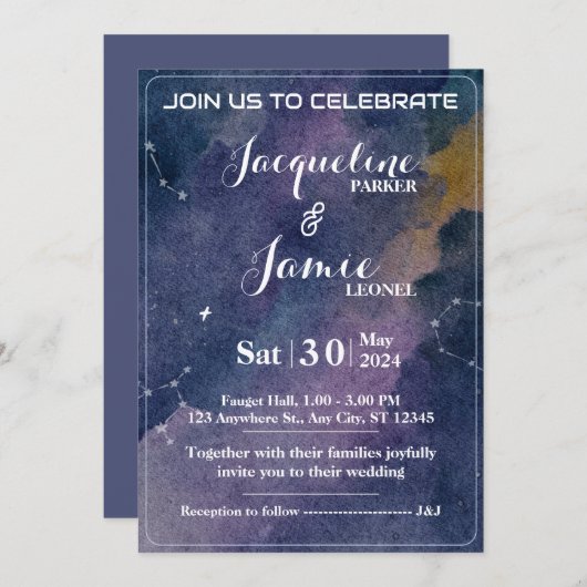銀河系水彩結婚式招待状カード 招待状 (正面/裏面)