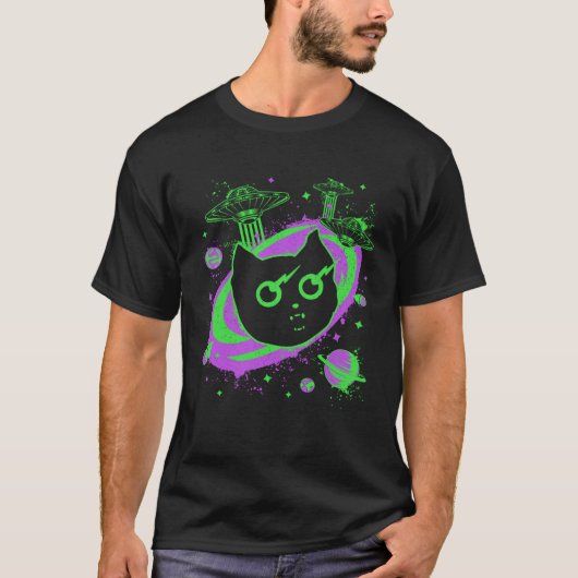銀河系猫UFO猫レーザーアイ宇宙エイリアンGr Tシャツ (正面)