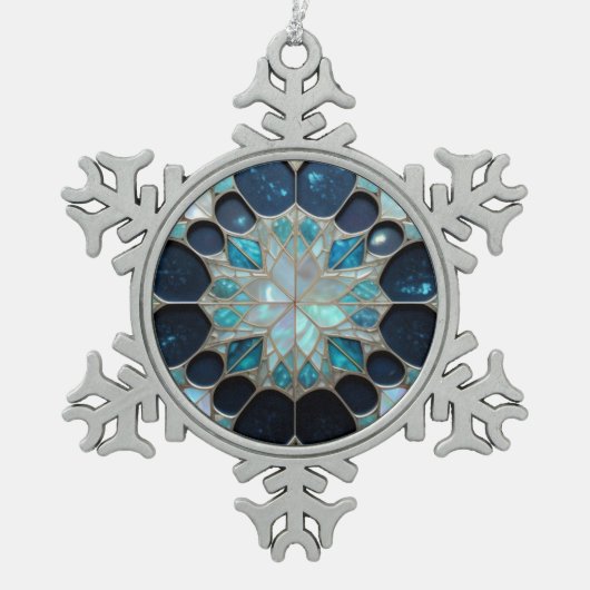 銀河系真珠の雪インスパイア粒青 スノーフレークピューターオーナメント (正面)