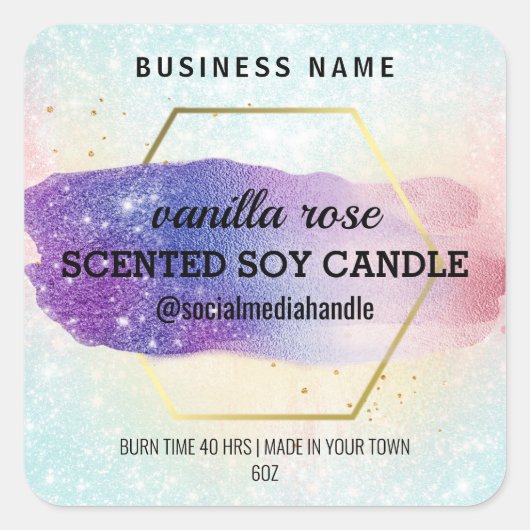 銀河系色六角焼きの香り付き大豆ロウソクラベル スクエアシール (正面)