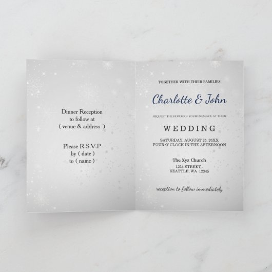 銀海軍のスノーフレーク冬の結婚式 招待状 (内部)