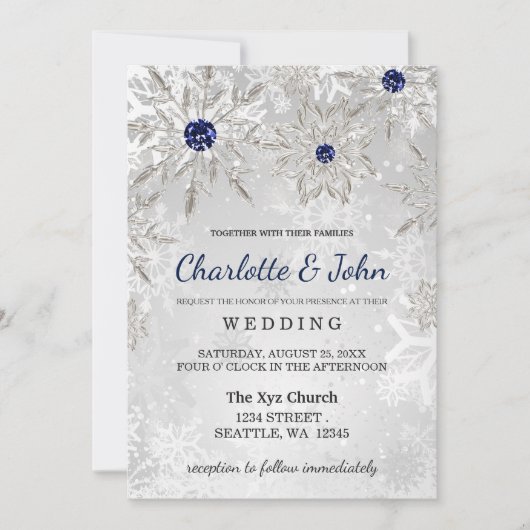 銀海軍のスノーフレーク冬の結婚式 招待状 (正面)