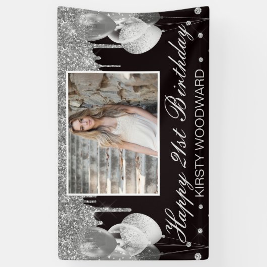 銀滴下グリッターとバルーン誕生日 横断幕 (縦)