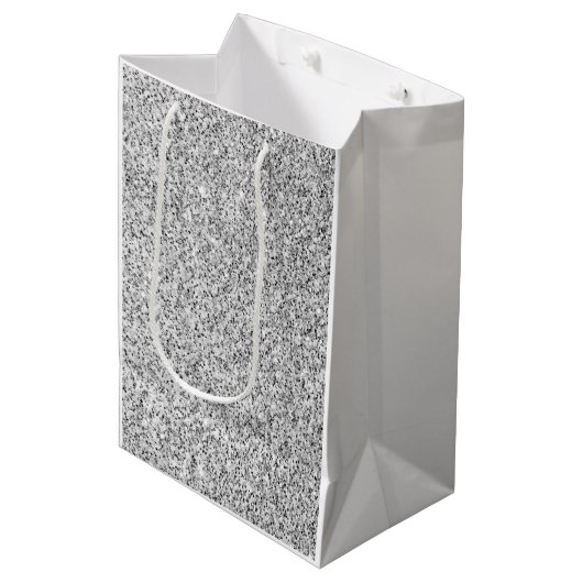 銀灰色の光のグリッターきらめき ミディアムペーパーバッグ (正面アングル)