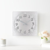 銀灰色の結晶紙吹雪グリッター赤面数 スクエア壁時計 (ホーム)