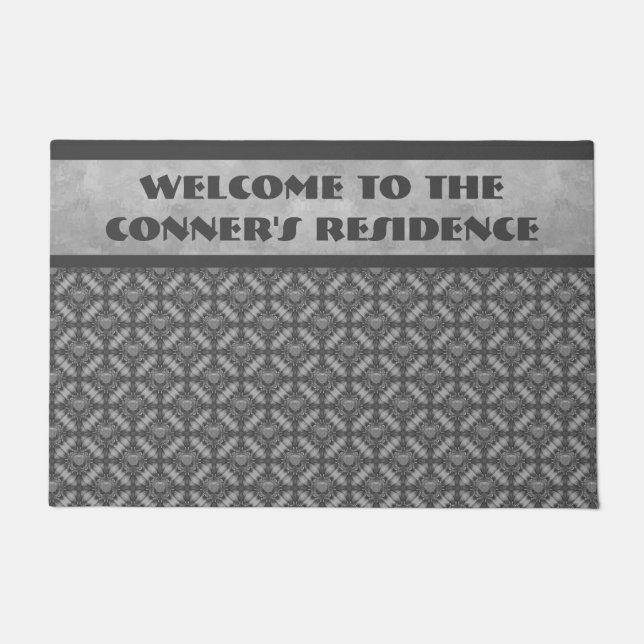 銀灰色の金属の花と宝石のパターン ドアマット (正面)