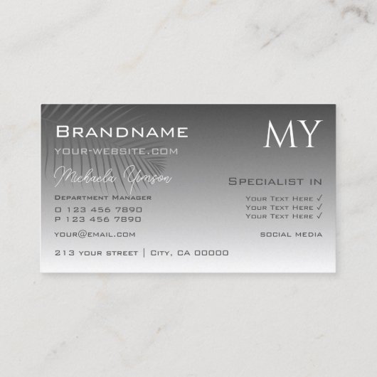 銀灰色グラディエントのヤシの葉とモノグラム 名刺 (裏面)