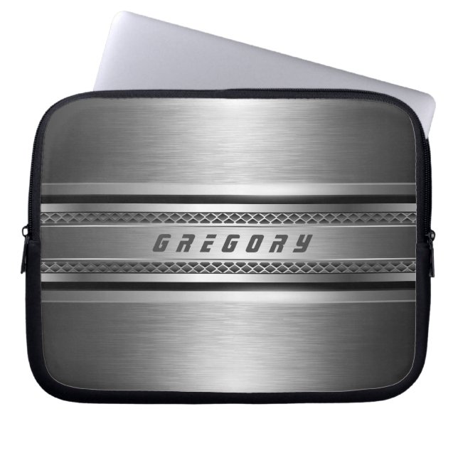 銀男らしグフェイクレーストライプデザイン ラップトップスリーブ (正面)