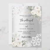銀白色のバラの緑結婚の花 招待状 (正面)