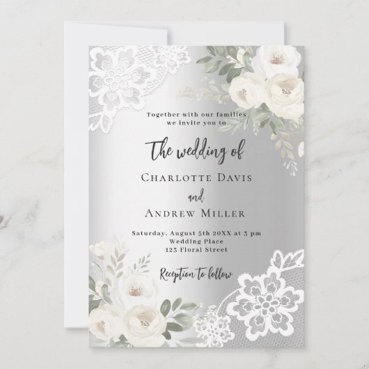 銀白色のバラの緑結婚の花 招待状 (正面)