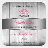 銀白色の木目製品ラベルピンクハート スクエアシール (正面)