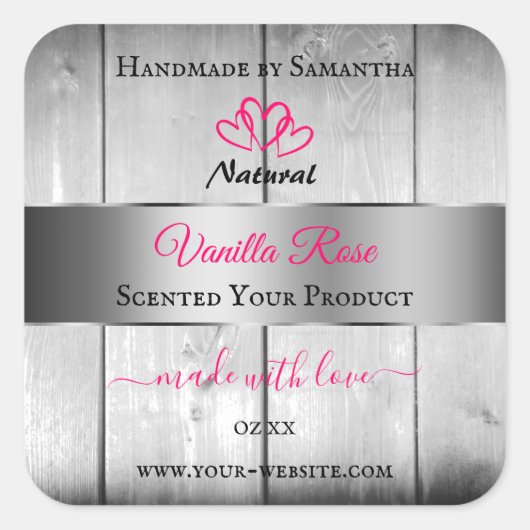 銀白色の木目製品ラベルピンクハート スクエアシール (正面)