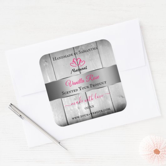 銀白色の木目製品ラベルピンクハート スクエアシール (封筒)