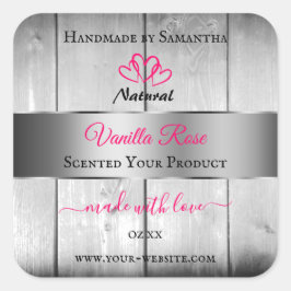 銀白色の木目製品ラベルピンクハート スクエアシール